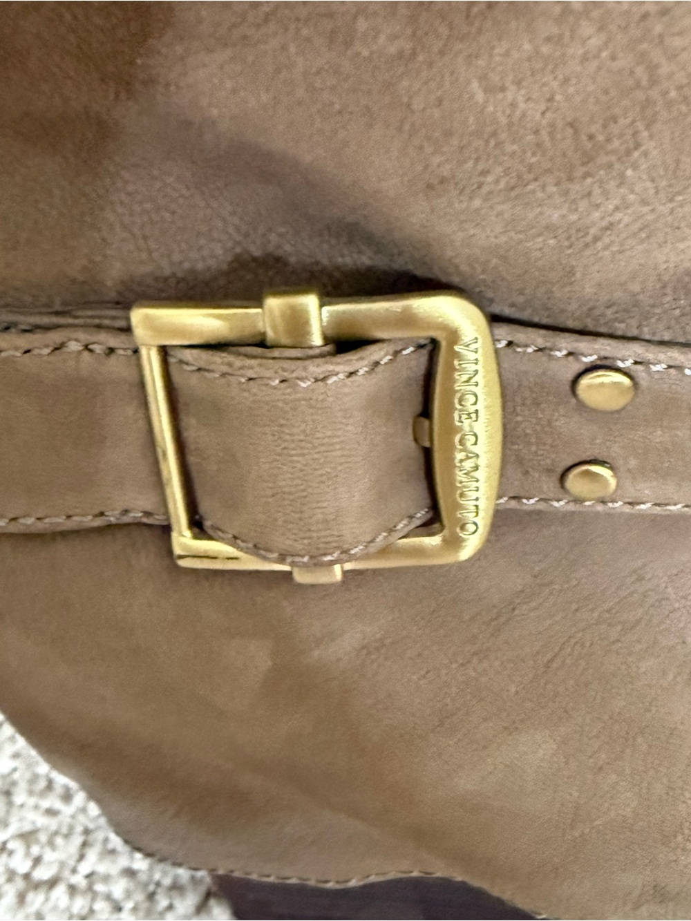 Vince Camuto Taupe Over-the-Knee Wedge Boots with Gold Buckle - Picture 4 of 8